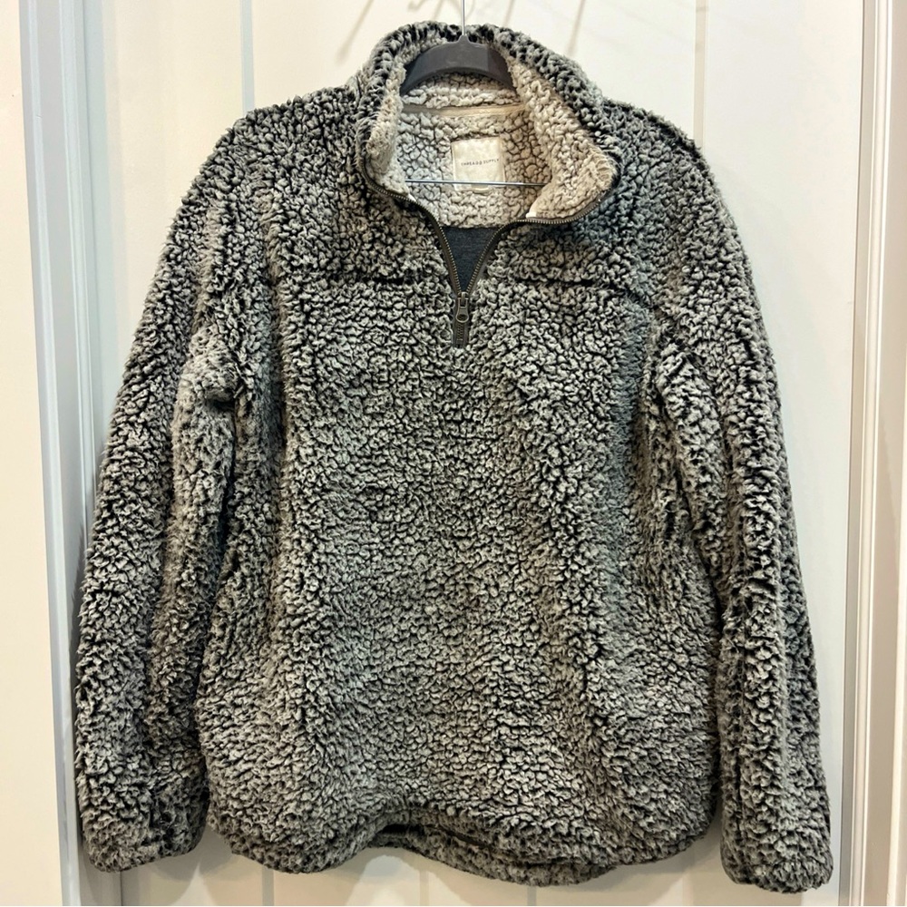 Thread and Supply Sherpa Pullover Sweatshirt Sweater 1/4 Zip Gray Black Size‎ S